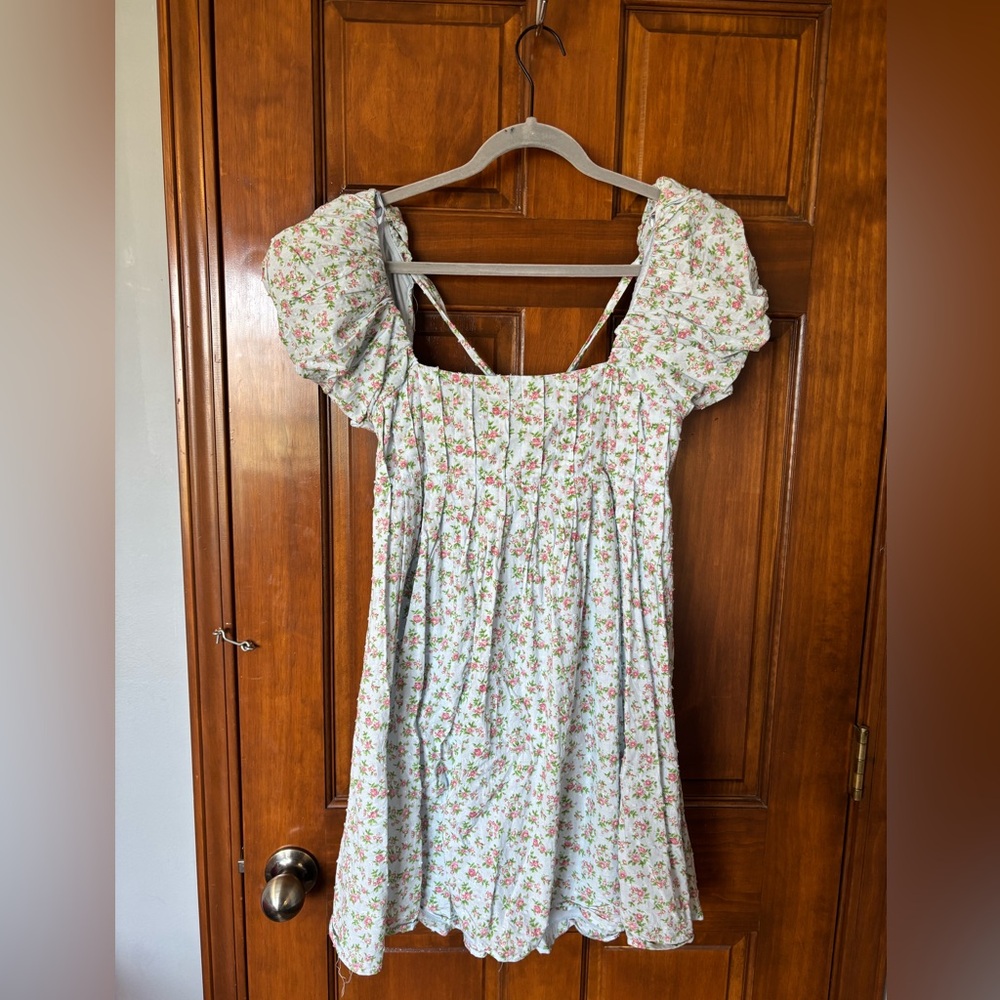 Bebop Floral Puff Sleeve Mini Dress - White with Pink & Green Print Size Medium